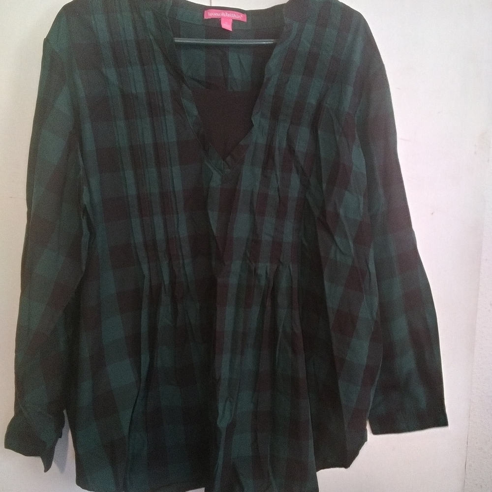 Woman Within long sleeve emerald plaid top